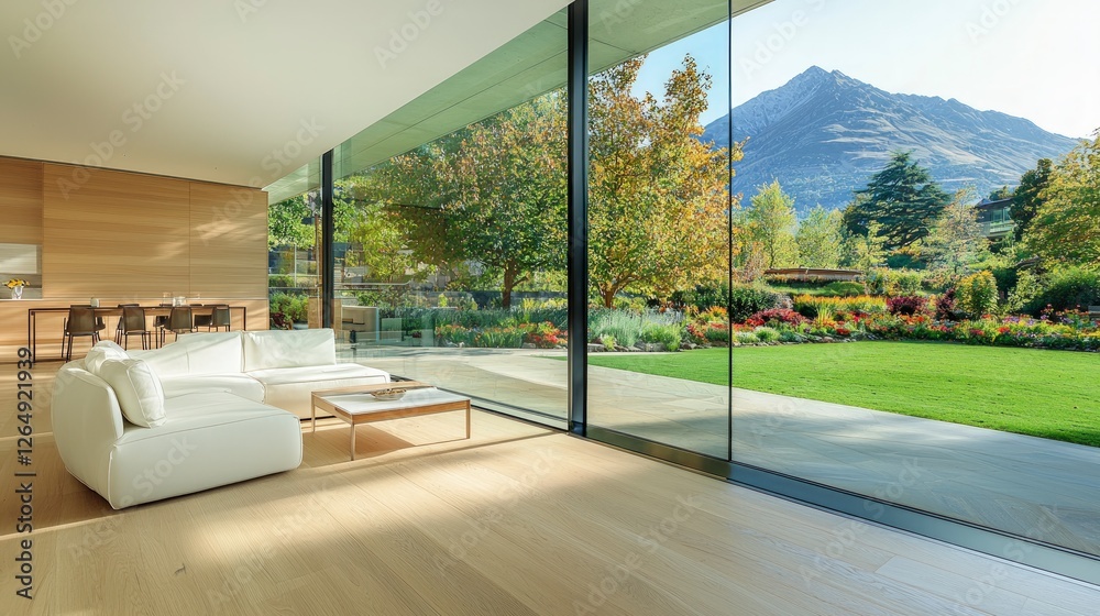 Fototapeta premium Modern Minimalist Living Room with Panoramic Garden Mountain View