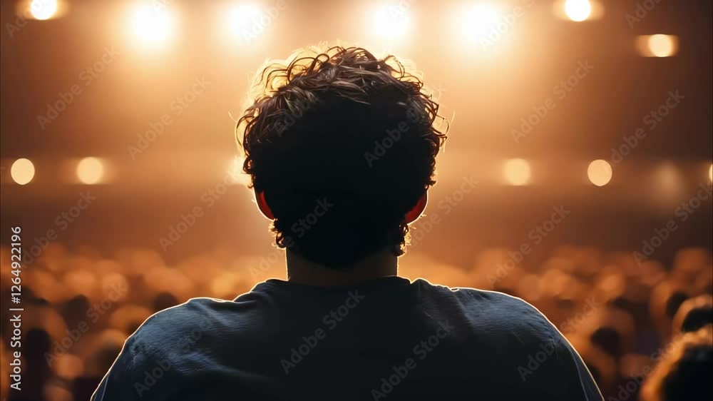 A person viewed from behind sits in an audience, facing a stage illuminated by bright lights, with a crowd in the background. A person viewed from behind sits in an audience, facing a stage illuminated by bright lights, with a crowd in the background.