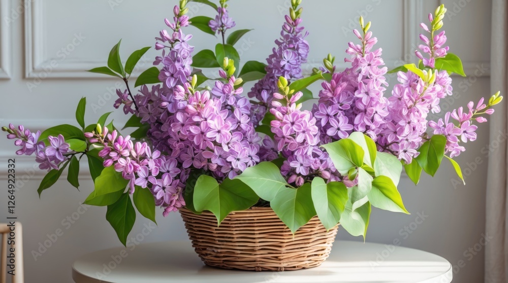 Spring bouquet of lilac flowers in a wicker basket with green leaves on a round table against a light background with copy space Spring bouquet of lilac flowers in a wicker basket with green leaves on a round table against a light background with copy space