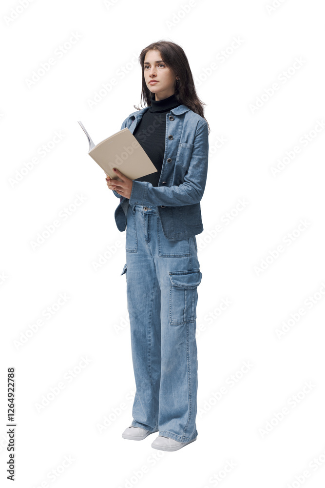 Young woman holding a brochure and looking around Young woman holding a brochure and looking around