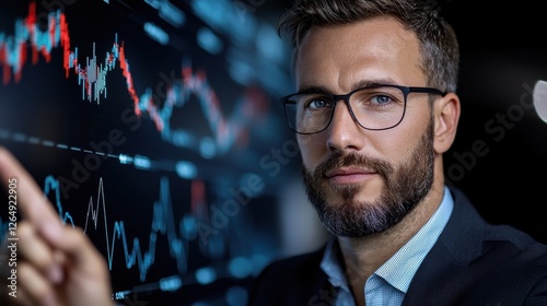 Portrait of a Focused Business Leader Guiding His Team Through an Advanced Strategic Planning Session Analyzing Data and Charts to Make Critical Decisions for the Company s Growth and Success photo