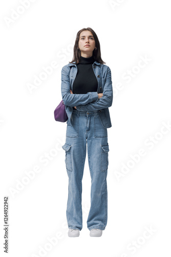 Young pensive woman standing and posing with arms crossed