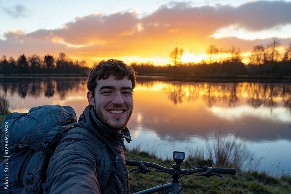 Obraz premium A joyful cyclist takes a selfie at sunrise near a lake, featuring a big backpack, serene water reflecting the sky, creating a stunning natural moment and a happy memory.