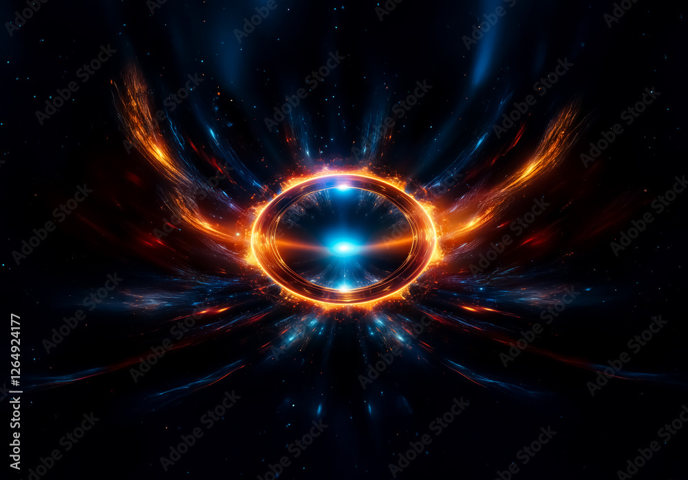 Obraz premium Vibrant abstract cosmic scene featuring a glowing sphere at the center, encircled by fiery orange and blue rings, radiating energy against a dark starry space background.