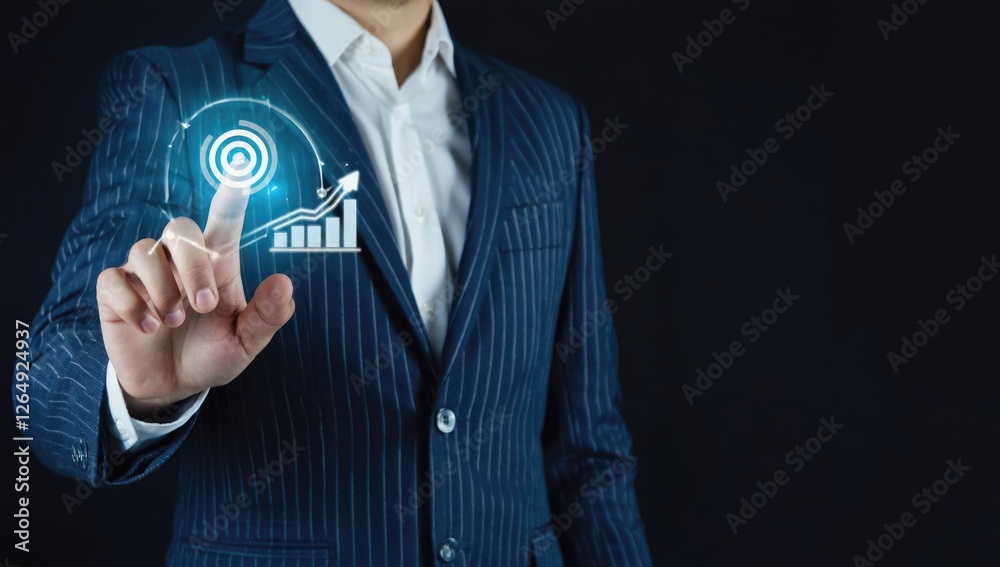 Strategic Growth: A businessman in a dark blue suit interacts with a holographic projection showcasing a rising graph, symbolizing strategic planning and business expansion.