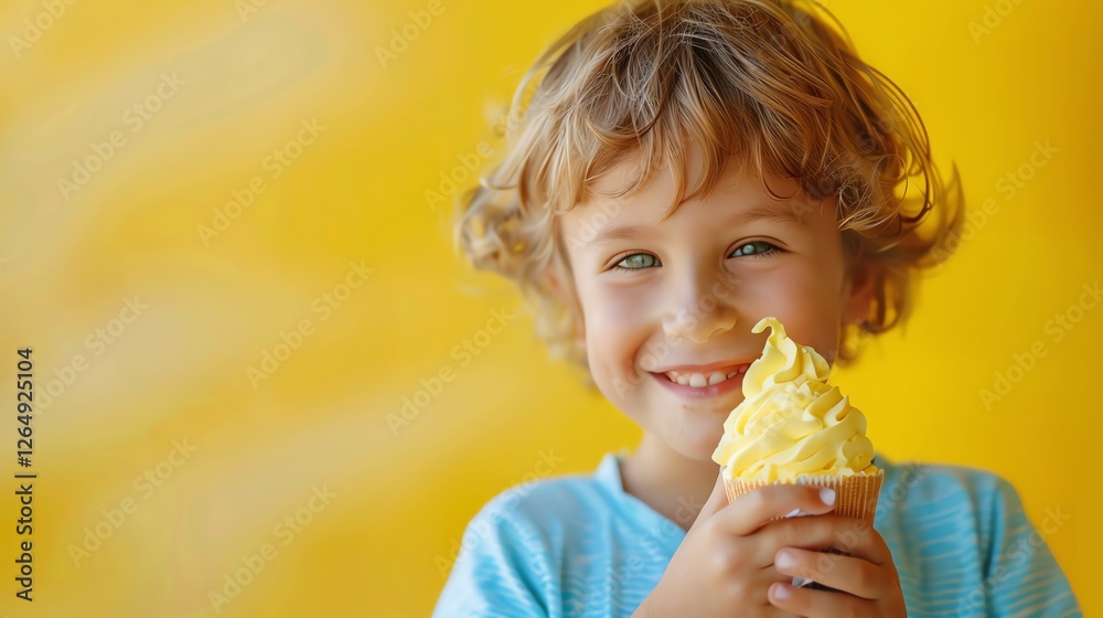 A young boy with curly blond hair smiles while eating a cupcake. A young boy with curly blond hair smiles while eating a cupcake.