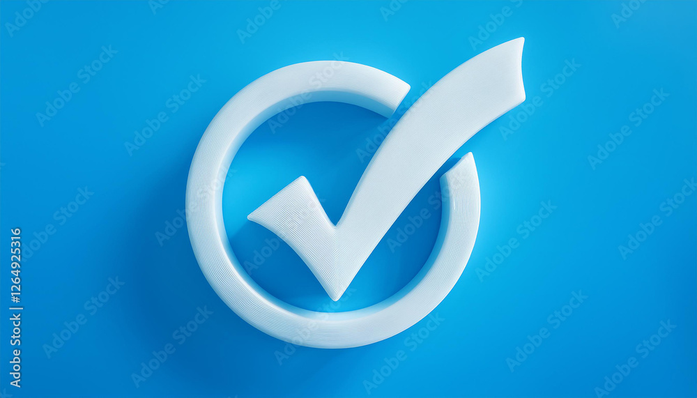 White check mark icon. Symbol of approval. 3D rendering, modern illustration. Blue backdrop. White check mark icon. Symbol of approval. 3D rendering, modern illustration. Blue backdrop.