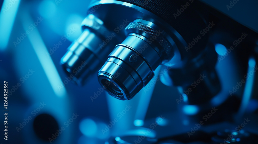 Close-up view of the microscope's focus stage illuminates the background with a soft blue light, showing intricate detail and precision.