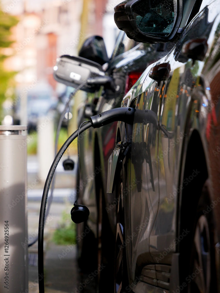 Fototapeta premium Electric and hybrid vehicles charging in city on parking charging station