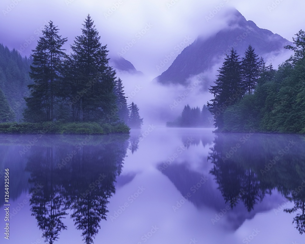 Fototapeta premium Misty mountain lake reflection, tranquil dawn scene; nature backdrop