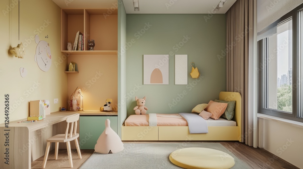 Fototapeta premium Warm and inviting kids' bedroom with minimalist pastel furniture, a functional wooden desk, and a comfy small bed