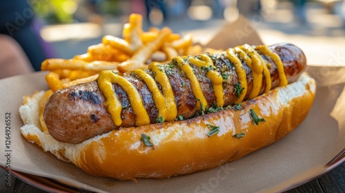 A delicious plate of bratwurst, pretzels, and mustard served at an Oktoberfest beer garden photo