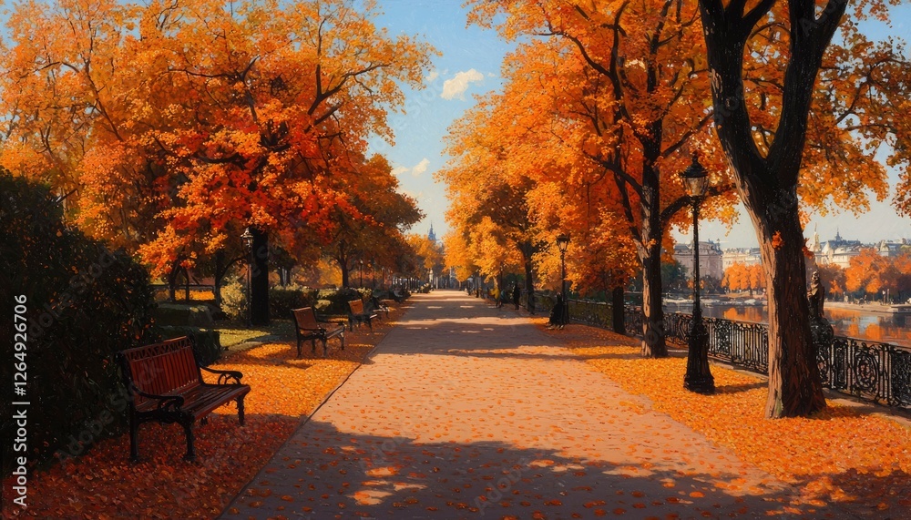 Naklejka premium Autumn scene Park path covered in fallen leaves, buildings in the background