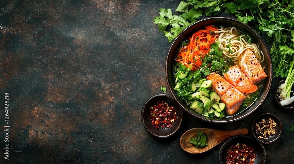 Classic salmon soup with noodles and vegetables in a ceramic bowl, arranged with a wooden spoon and fresh herbs on a rustic table with copy space Classic salmon soup with noodles and vegetables in a ceramic bowl, arranged with a wooden spoon and fresh herbs on a rustic table with copy space