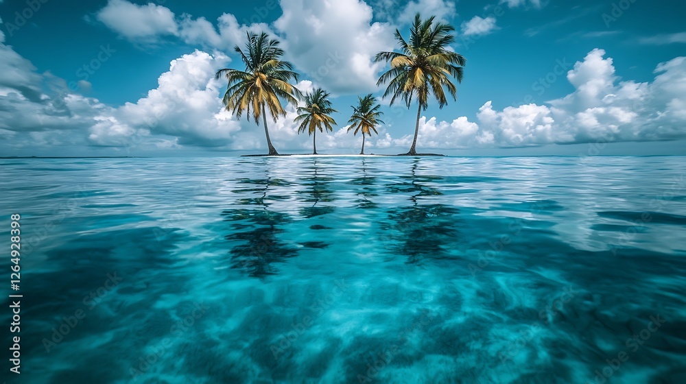 Fototapeta premium Tropical Paradise: Palm Trees Reflected in Turquoise Water Under Cloudy Sky