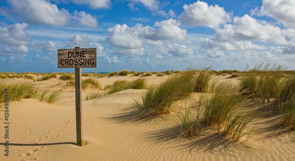 Exploring Coastal Dune Landscape with Dune Crossing Sign Under Cloudy Sky Exploring Coastal Dune Landscape with Dune Crossing Sign Under Cloudy Sky