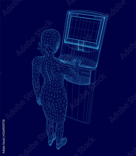 A woman is standing in front of a cash machine with a blue background. She is touching the cash machine