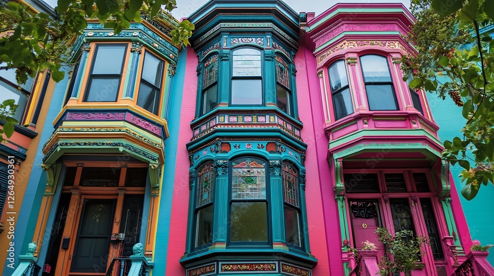 Fototapeta premium Vibrant Row Houses: A Delightful Display of Colorful Victorian Architecture