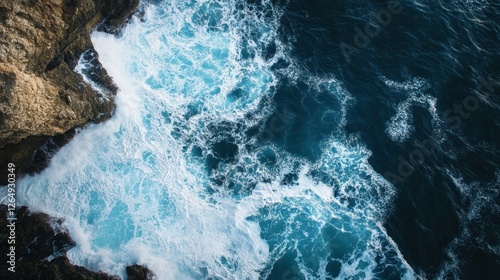 A breathtaking aerial view of powerful waves crashing against a rugged coastline, with white foam creating intricate patterns as the deep blue ocean meets the rocky shore.