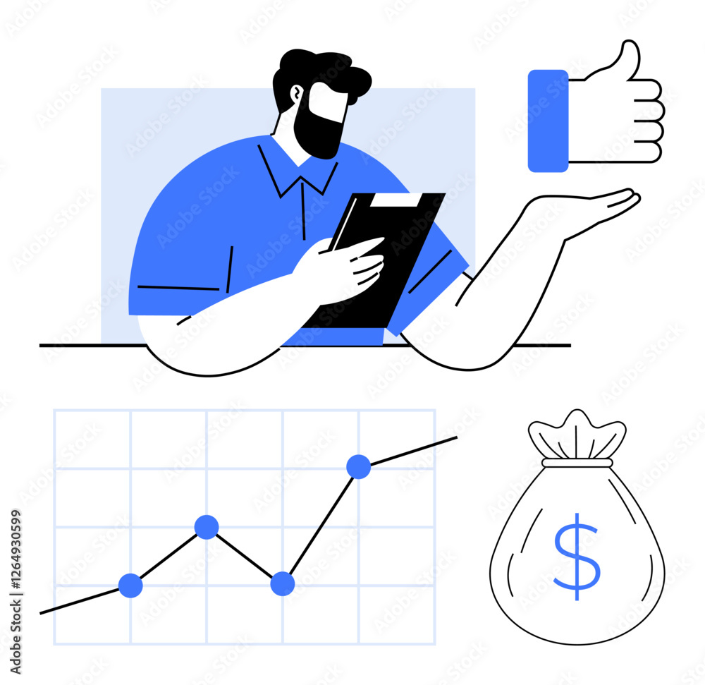 Professional studying data on clipboard, rising graph, dollar money bag, and thumbs-up icon. Ideal for finance, success, analytics, business growth, investment data analysis and abstract line flat