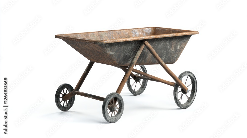 Rusty wheelbarrow isolated on white; construction site background; for DIY or gardening projects Rusty wheelbarrow isolated on white; construction site background; for DIY or gardening projects