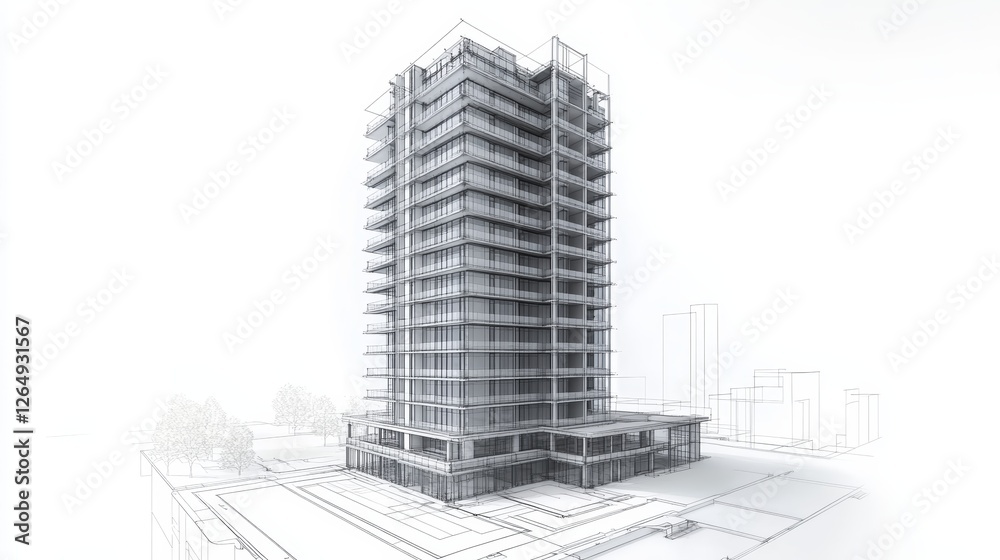Architectural Blueprint of a High-Rise Residential Structure with Structural Details Architectural Blueprint of a High-Rise Residential Structure with Structural Details