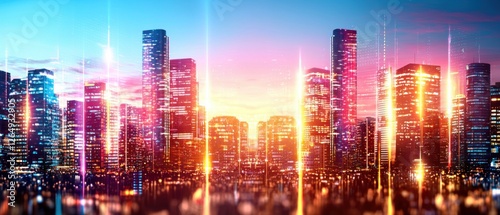 Vibrant City Skyline at Dusk with Colorful Lights and Reflections in Water, Urban Landscape and Architecture