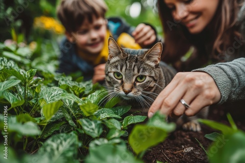 A cute tabby cat in a garden with a woman and a boy, surrounded by green leaves, creating a cozy and natural scene, capturing a moment of family bonding. photo