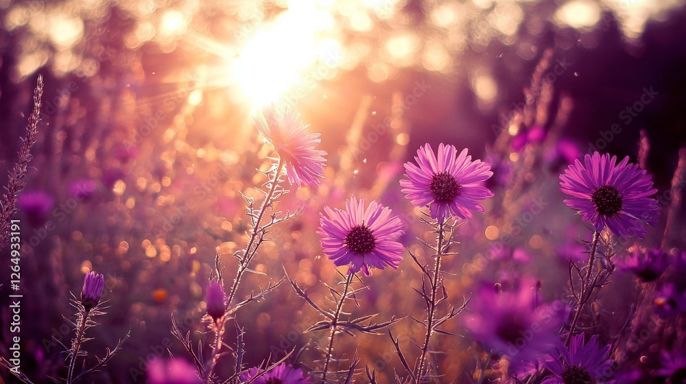 A serene scene of purple flowers basking in golden sunlight, creating a tranquil and picturesque nature setting. A serene scene of purple flowers basking in golden sunlight, creating a tranquil and picturesque nature setting.