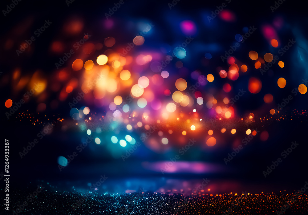 Blurred and colorful bokeh lights create a festive and vibrant atmosphere. Abstract background with orange, yellow, blue, and purple hues giving a sparkling effect. Blurred and colorful bokeh lights create a festive and vibrant atmosphere. Abstract background with orange, yellow, blue, and purple hues giving a sparkling effect.