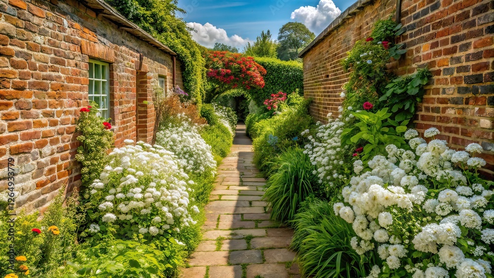 Naklejka premium English Cottage Garden Stone Path to Brick Wall AI Photo