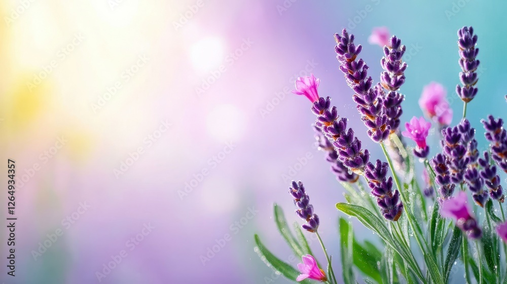 Obraz premium Lavender Dreams: A delicate bouquet of lavender blossoms graces a soft, pastel background, bathed in warm, gentle sunlight. The delicate lavender blooms create a sense of peace and serenity.