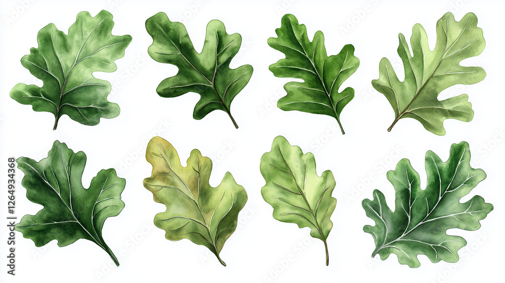 set of green leaves, green leaves isolated on white background, watercolor set of green leaves, green leaves isolated on white background, watercolor