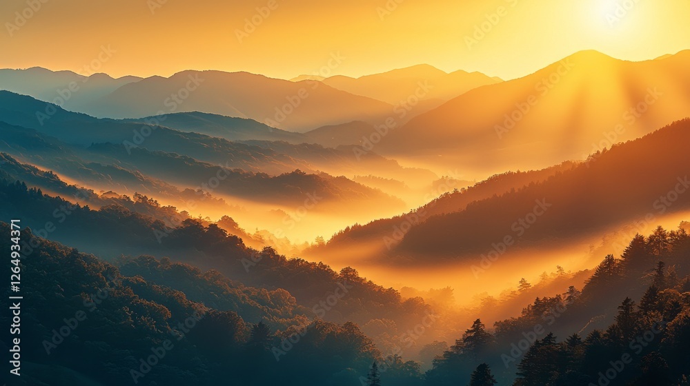Fototapeta premium A breathtaking mountain landscape at sunrise, featuring golden light illuminating misty valleys and distant peaks.