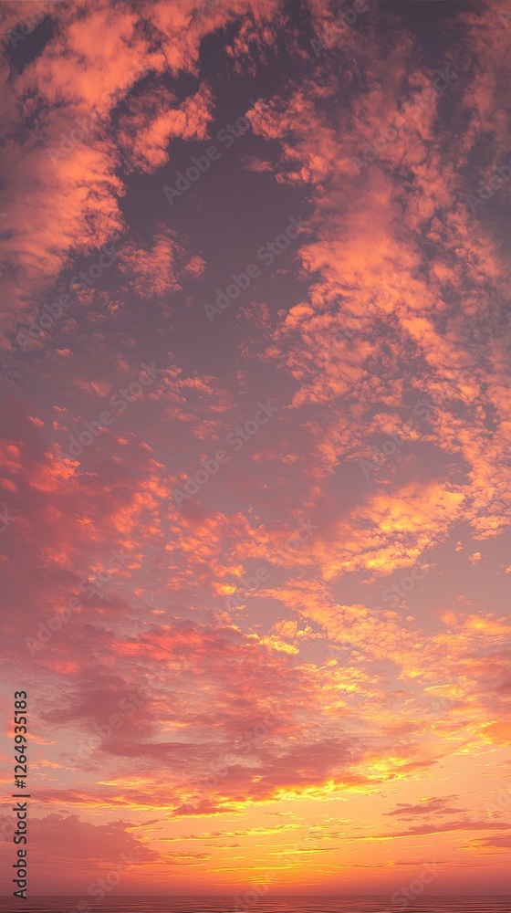 Fototapeta premium A stunning sunset sky painted with vibrant pink and orange hues, showcasing fluffy clouds against a backdrop of deepening twilight.