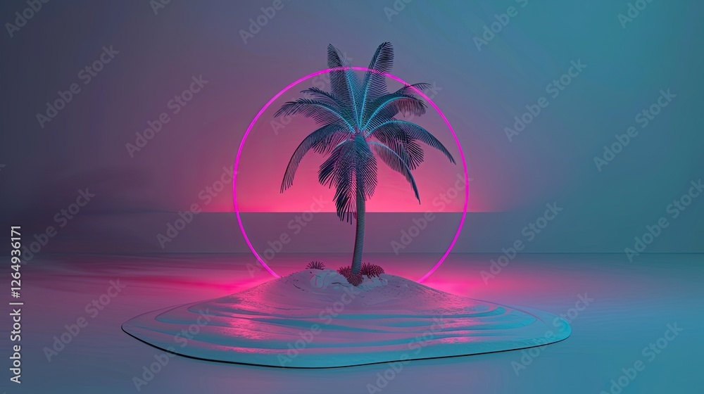 Naklejka premium Neon lights forming a circle, a palm tree in front of it, a sea view