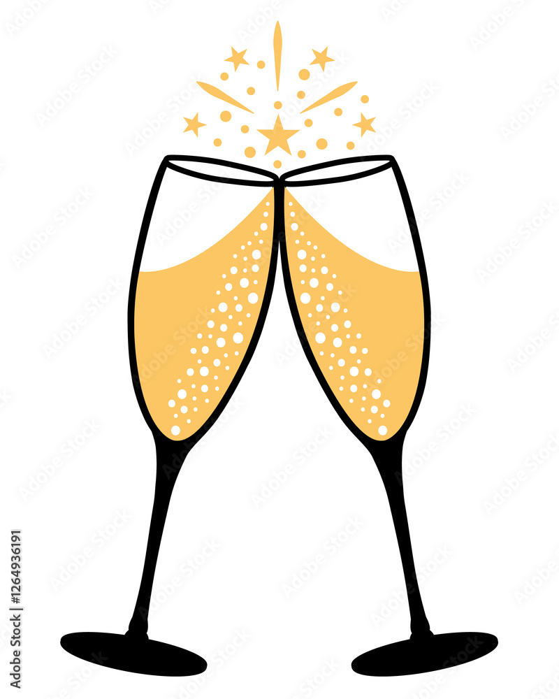Gold and black Champagne toast. Hand drawn illustration icon for celebration.