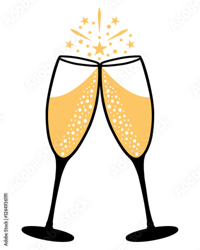 Obraz na płótnie Gold and black Champagne toast. Hand drawn illustration icon for celebration. w salonie
