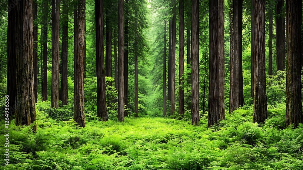 Fototapeta premium Serene Redwood Forest Path Lush Green Ferns