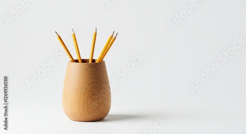 Minimalist Wooden Pen Pot with Yellow Pencils - Natural Desk Organizer for Stationery on White Background