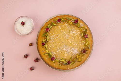 Basbousa is Egyptian Semolina Cake with Cream and Pistachio. photo