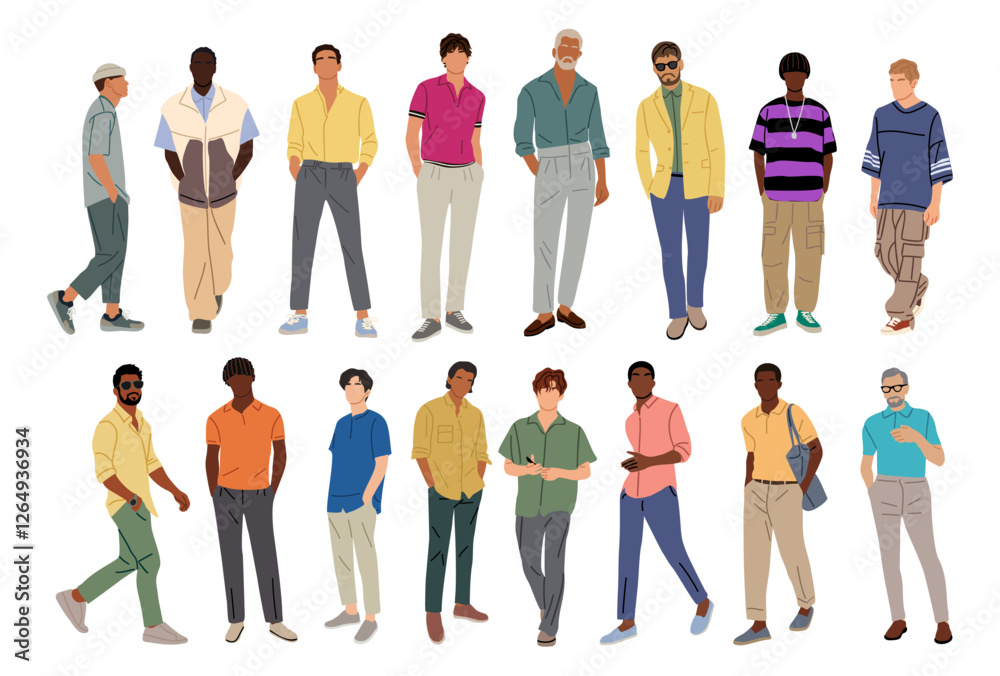 Fototapeta premium Multiracial Set of stylish men different ages wearing summer street fashion outfit. Business men in smart casual office clothes. Vector realistic illustrations isolated on transparent background.
