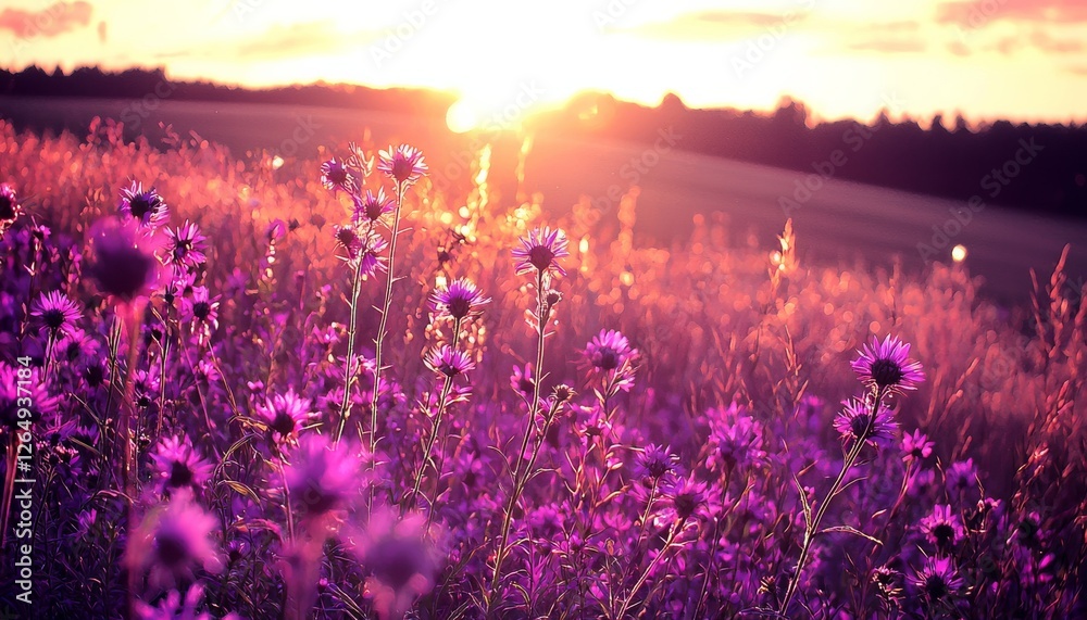 Naklejka premium A vibrant field of purple flowers under a golden sunset, creating a serene and picturesque landscape filled with natural beauty.