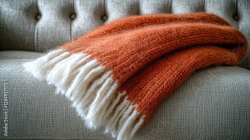 Cozy orange throw blanket on sofa, home decor