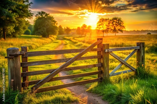 Wallpaper Mural A breathtaking, vintage-style photo: open gate, soft-focus meadow, and the serene beauty of a rural sunset. Torontodigital.ca