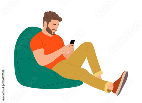 Bearded man in casual clothes sitting in beanbag chair, using smartphone. Handsome guy with phone chatting, texting, communicating. Vector male character illustration isolated, transparent background.