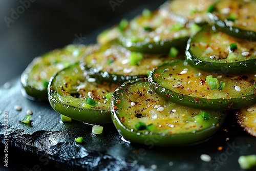  Close-up of crispy jalapeño chips with visible seasoning resting on a dark slate plate. Bold and spicy snack with rich texture. photo