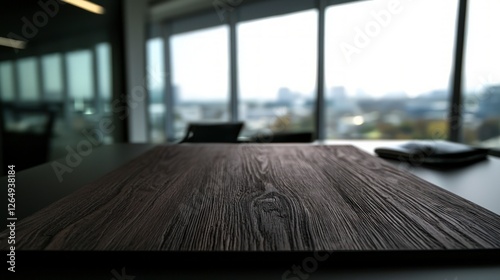 Modern Office Desk  Panoramic City View  Wooden Tabletop