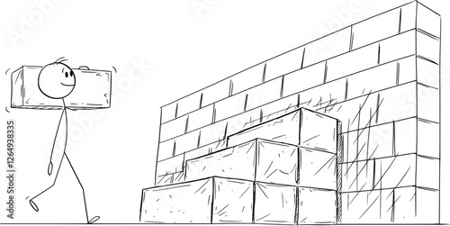 Person building together stairs to overcome wall obstacle, vector cartoon stick figure or character illustration.
