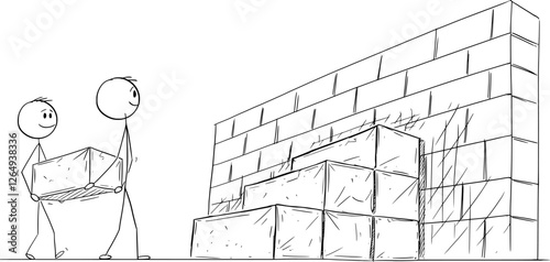 Two person building together stairs to overcome wall obstacle, vector cartoon stick figure or character illustration.